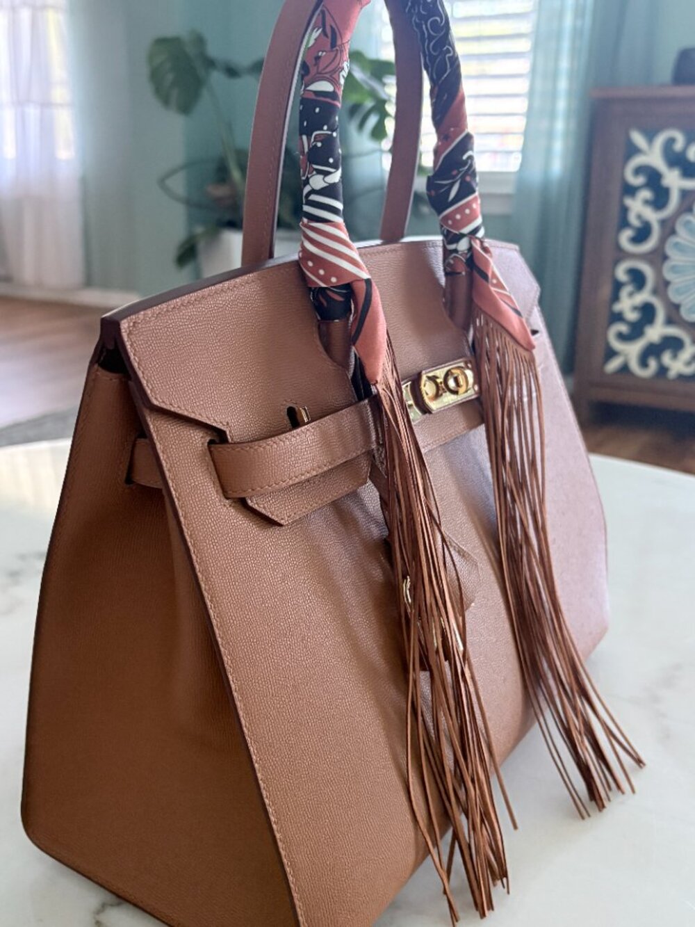 Rust Equestrian Purse Scarf with Fringe - Picture 5 of 10